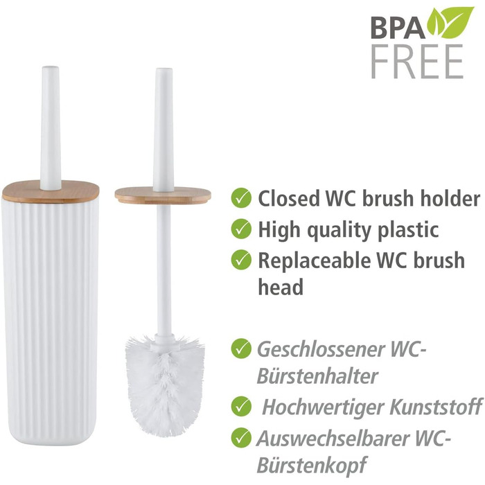 Набір для туалету WENKO Rotello: щітка та тримач з бамбуковим кришкою, білий/натуральний, Ø 10 x 36 см