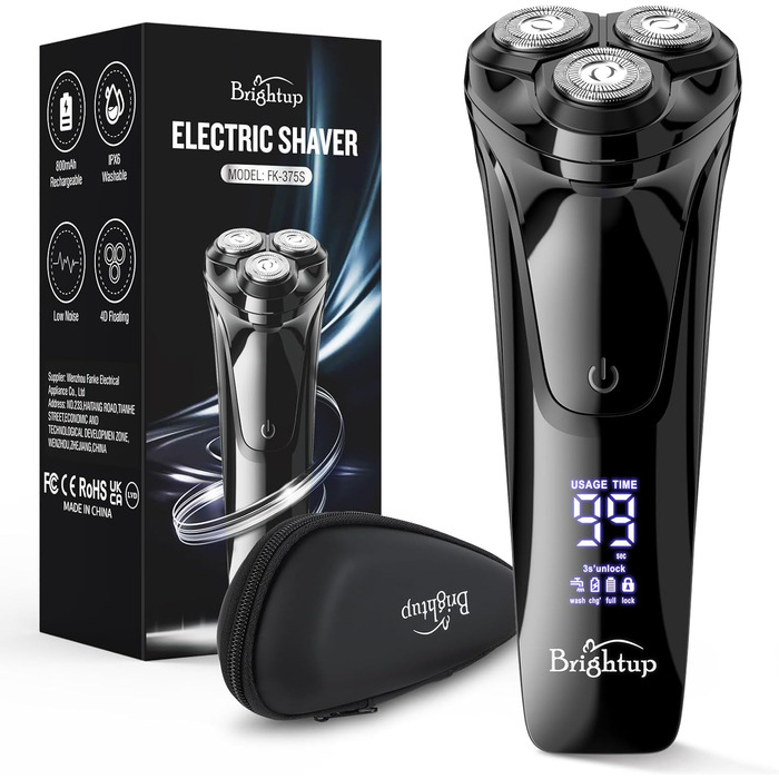 Електричний чоловічий бритва Brightup з тримером, IPX6, водонепроникний, USB-C, LED-дисплей, для подорожей, у кейсі