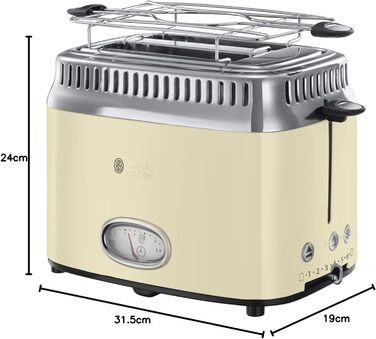 Russell Hobbs Toaster [for 2 slices] Retro Stainless Steel Cream (Retro-style countdown display, includes bun warmer, 6 browning levels + defrost & reheat function, 1300W) Vintage 21682-56