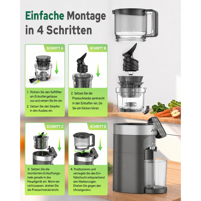 Повільна соковижималка 3-в-1 Slow Juicer з XL-завантажувальним отвором 155 мм, сіра