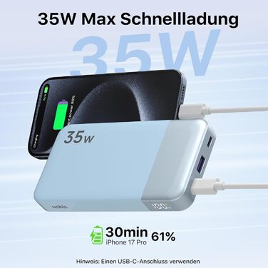 Power Bank NOBIS 35W 10000 mAh з двома USB-C та USB-A, цифровим дисплеєм (Блакитний)