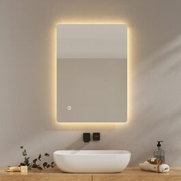 Дзеркало для ванної кімнати EMKE з підсвічуванням 50x70 см, проти запотівання, 3 кольори світла, диммування, сенсорне управління, функція пам'яті та автоматичне вимкнення через 3 години