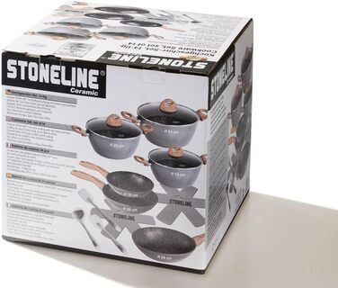 STONELINE Ceramic Cookware Set, 14-Piece, 18/20/24cm Pots and Pans, PFAS-Free, Cookware Set, Pan Set, Induction, Cookware Set with Lids, Ceramic Coating with Real Stone Particles, Wood-Look Handles, 14-Piece