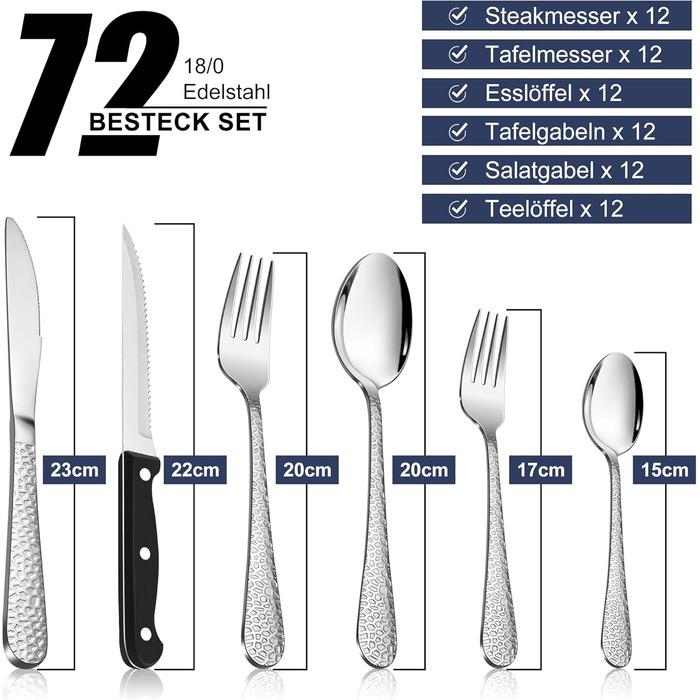 Набір столових приборів HaWare, 72 шт. з нержавіючої сталі (12 осіб), з ножем, виделкою, ложкою, сучасна ручка 'молоток', для дому/вечірки/готелю/ресторану, блискучий, придатний для миття в посудомийній машині. Включає ніж для стейку.