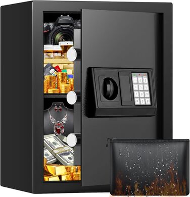 Великий сейф 50л для дому: вогнестійкий, водонепроникний, з ключем та кодовим замком. Сейф для ювелірних виробів, документів, грошей. Вбудована сигналізація, настінний сейф.