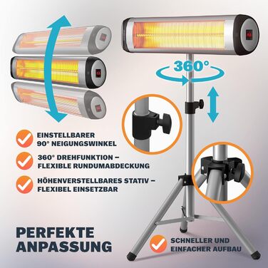 Інфрачервовий обігрівач MONZANA® MZH2501 з таймером, 2500W, 3 режими, 24 год, пульт ДУ, кут нахилу 90°, електричний, для тераси (сріблястий, з телескопічним штативом)