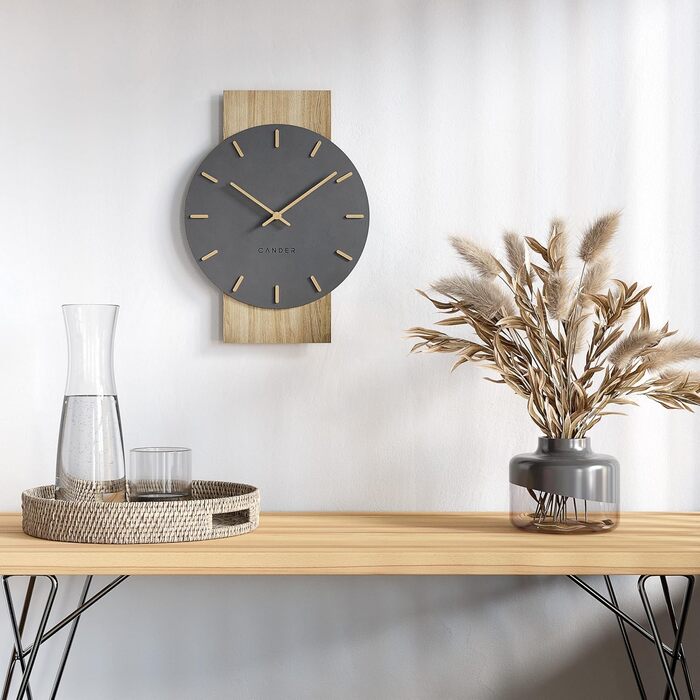 Cander Berlin MNU 2630 Z Wall Clock Silent 41 cm No Ticking Sounds Living Room Modern Vintage Gray Black Wooden Hands