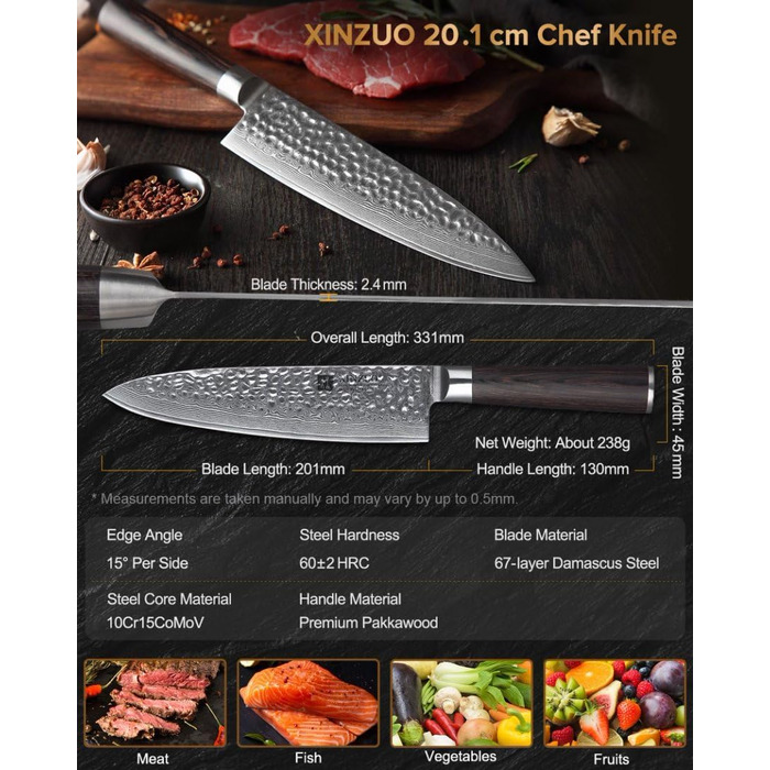 Ніж кухарський XINZUO Gyuto 20.1 см з дамаської сталі, професійний, серія He