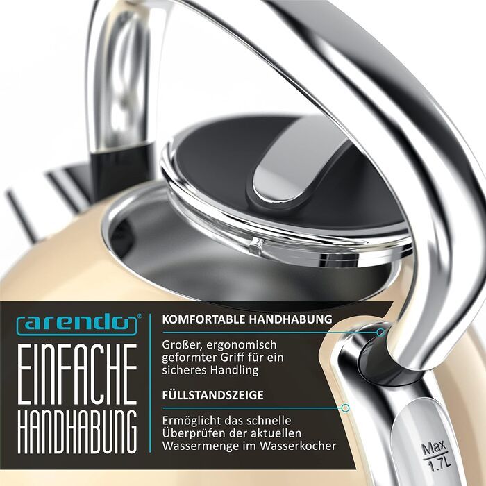 Arendo Retro Stainless Steel Kettle - Vintage Style Electric Kettle with Replaceable Scale Filter, 1.7L Capacity, Auto Shut-Off, Cool Grey