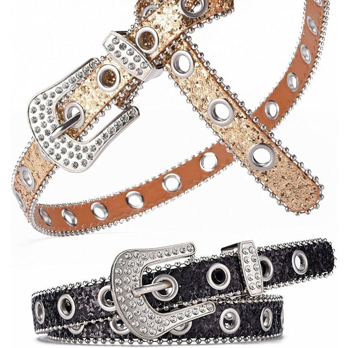 Жіночий пояс Fenteer з стразами, джинсовий, з пряжками, шкіряний, 3,5 см (Золотий, 2,4 см)