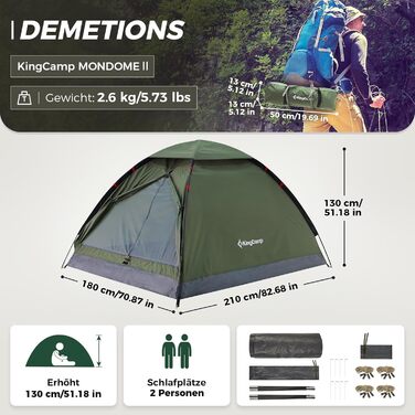Намет KingCamp 2-3 особи, водонепроникний 3000мм, ультралегкий, зелений 210x180x130см для кемпінгу, туризму та відпочинку