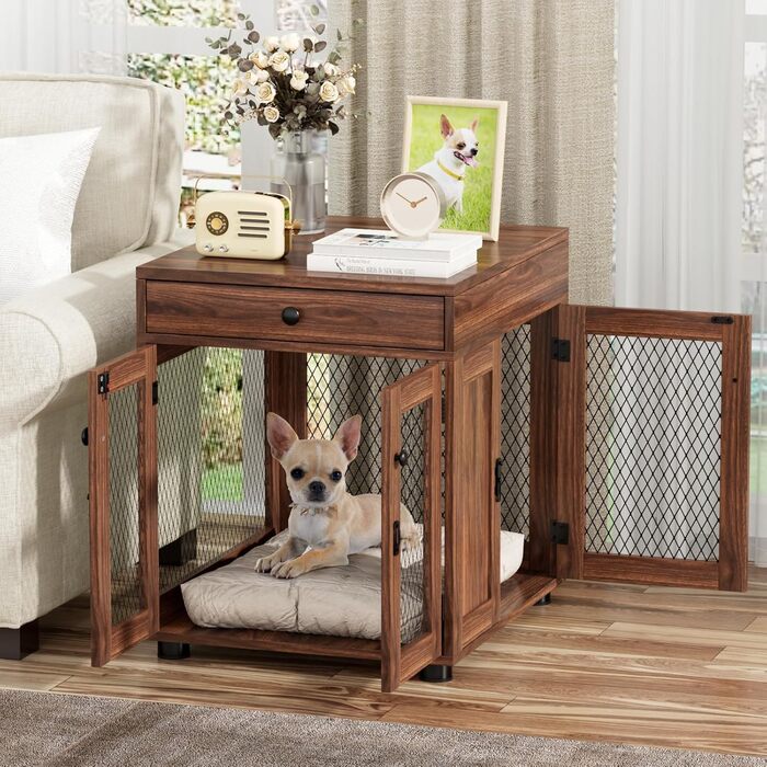 Клітка для собак VOWNER з дерева, 3 двері, з ящиком, 51x60x62 см, для собак до 20 кг, горіховий колір