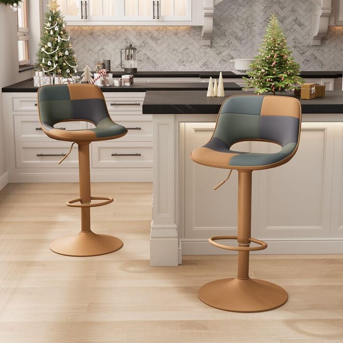 YOUNIKE 2-Piece Adjustable Bar Stools - Boho Patchwork Design, Swivel Kitchen Bar Chairs with Hollow Backrest - Yellow & Green