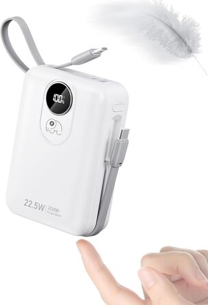 Powerbank 20000 mAh з вбудованими кабелями: акумулятор для телефону з 22,5 Вт швидкою зарядкою, USB-C (вхід та вихід), портативний зарядний пристрій з 4 виходами та 2 входами