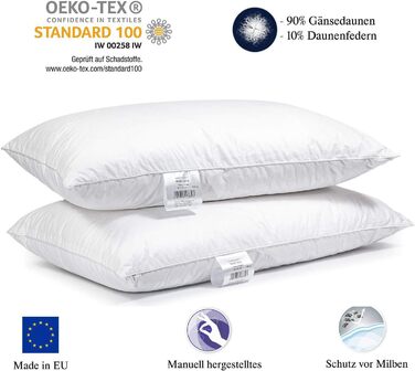 H&F Heimtextilien Premium Quality | Pillow 50x70 cm | 1000 Grams Down, Goose Down | 100% Natural Three-Chamber Pillow | Cover: 100% Cotton | 3-Chamber Down Pillow | Oeko-TEX Certified