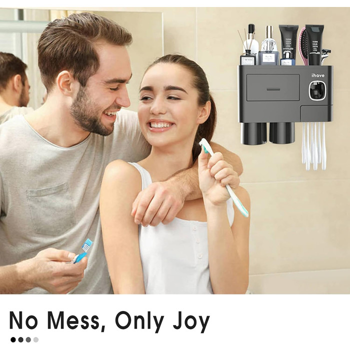 iHave Toothbrush Holder Wall Mount Black, Bathroom Toothbrush Holder with Toothpaste Dispenser, 2 Cup Toothbrush Holder with Drawer, Large Capacity Toothbrush Organizer Bathroom
