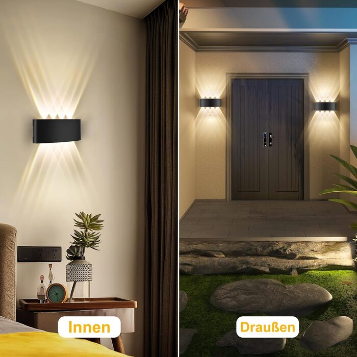 LED настінний світильник Oraymin 2 шт. IP65, 6W, 6 джерел світла, 3000K, для дому та вулиці, з алюмінію, тепле світло (Чорний, 8 джерел світла, 4 шт.)