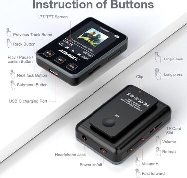 MP3-плеєр Bluetooth 5.3 зі спортивним кліпом та браслетом, 1.77