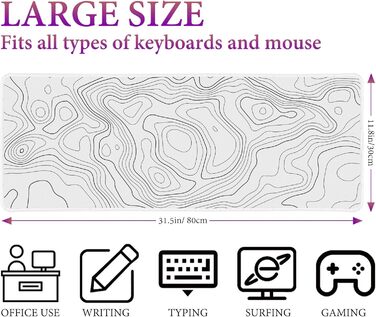 HAUTOCO Килимок для миші ігровий XXL 800x300 мм, чорний з топографічною сіткою, антиковзаюча гума, для комп'ютера, покращена швидкість та точність