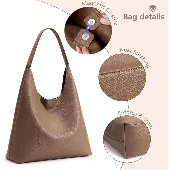 Сумка жіноча KALIDI Shopper Hobo з PU шкіри вінтажна, велика для роботи, школи, повсякденного використання, застібка - кнопка, колір кави