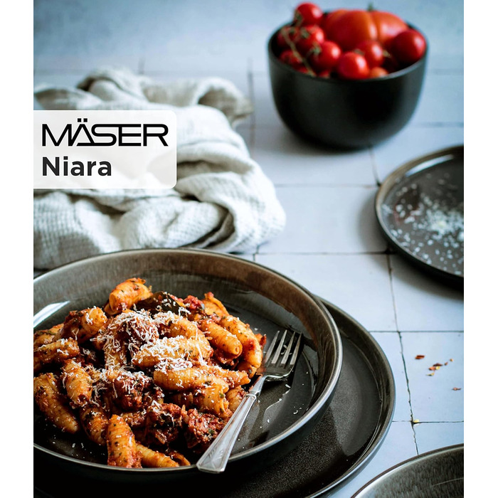 MÄSER 934021, Niara Series, Modern Plate Set for 6 People in Exciting Vintage Look, 12-Piece Ceramic Tableware Set in Grey and Black, Stoneware Plate Set 12-Piece Grey