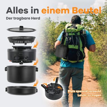 Набір кухонного посуду для кемпінгу на 2-4 особи: електро- та газовий набір 2в1, 700W + 2200W, посуд для кемпінгу, автодому, для дому та відпочинку на природі (1 каструля + 1 сковорода)