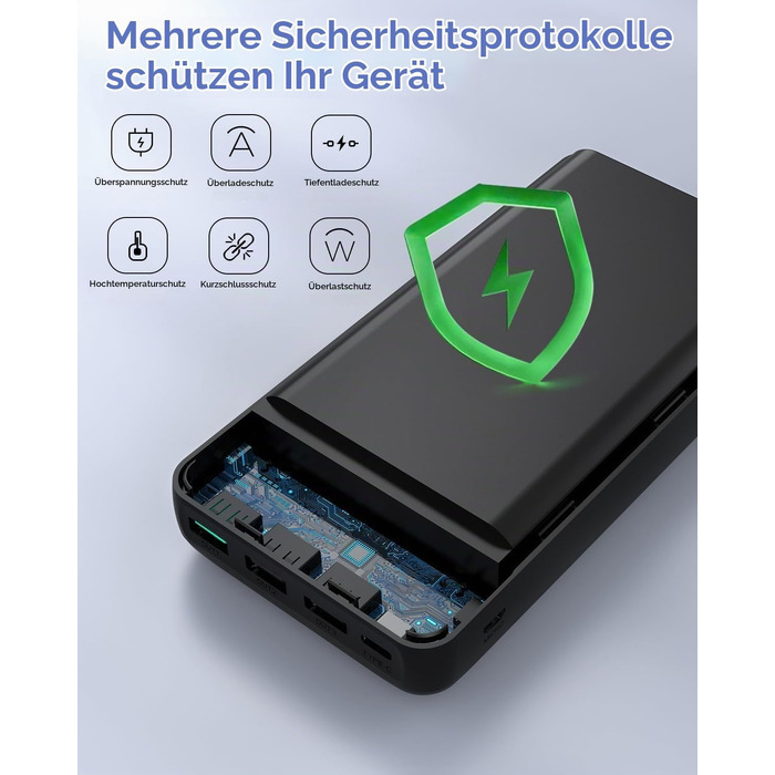 Повербанк Power Bank 60000mAh з швидкою зарядкою 22.5W, зовнішній акумулятор USB-C, 4 виходи та 2 входи, LED-дисплей, чорний