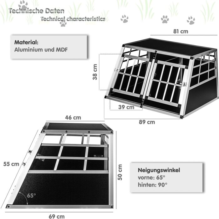 Кія для собак з прямою задньою стінкою 90°, вибір розміру, 2 двері, перегородка, 2-дверний, перегородка 89×69×50 см