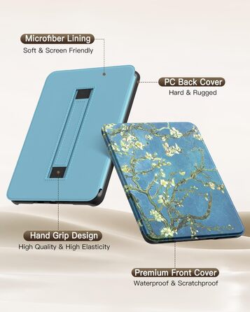 Чохол MoKo для Kindle Paperwhite (12-го покоління, 2024) та Kindle Colorsoft Signature Edition (2024), з петлею для руки, авто-ввімкнення/вимкнення, Agave Grün (aprikose Blume)