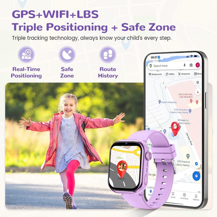 Дитячий розумний годинник зі GPS та телефоном, IP68, відеодзвінки, SOS, режим навчання, чат, SMS, ліхтарик, крокомір, будильник, годинник для дівчаток та хлопчиків, фіолетовий