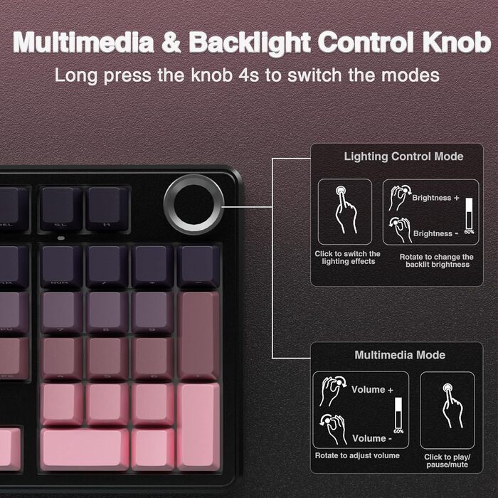 Механічна ігрова клавіатура AULA F99 Pro: RGB, Hot-swap, Wireless, QWERTY, чорно-рожева