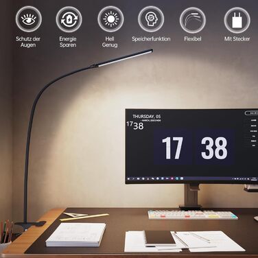 Стійка лампа Aisutha для столу з LED, 3 кольори, 10 рівнів яскравості, регульована, захист очей, для офісу, кабінету та майстерні (чорний)