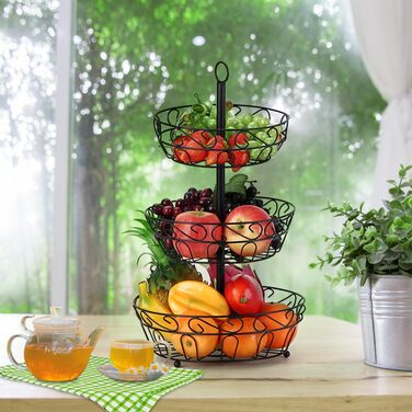 Металева етажерка для фруктів Stöckig 3 яруси - кошик для зберігання фруктів, чорний, для кухні, вітальні, офісу