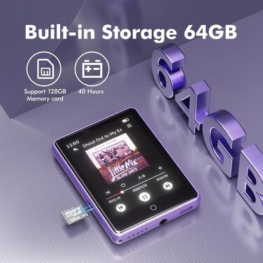 MP3 плеєр дитячий 64GB Bluetooth 5.3 з радіо, радіоприймач, MP4 плеєр, дитячий музичний плеєр з touch screen, розширюється до 128GB, фіолетовий
