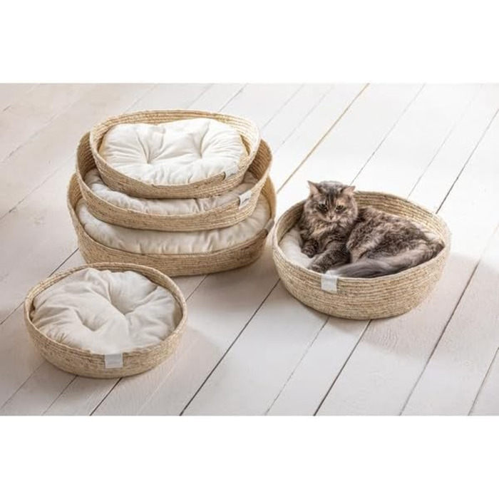 Кругле ліжко для тварин Dehner Premium Lovely Kuschelbett, діаметр 45 см, висота 13 см, натуральні матеріали/плюш, білий/бежевий колір