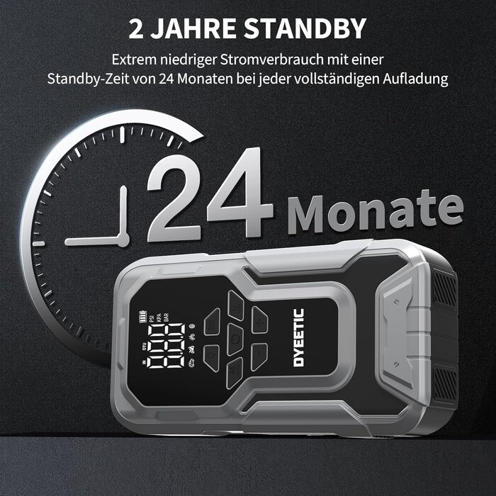 Powerbank Starthilfe 6000A з компресором 150PSI: портативний пусковий пристрій для авто/мото (бензин, 10.0L дизель) з LED ліхтариком QC3.0, срібний