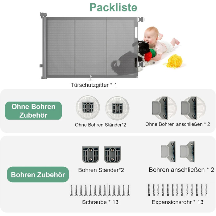 Retractable Baby & Pet Gate with Lock - 150cm Wide, 83cm High - Automatic Locking, Grey