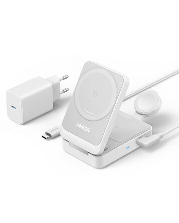 Anker MagGo 3-в-1 Бездротова Зарядна Станція Qi2 15W, Сумісна з MagSafe, для iPhone 17/16/15/14, Apple Watch 9, AirPods (з USB-C адаптером 40W) - Біла