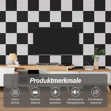 Акустичні панелі TONOR у вигляді цегли, самоклеючі шумопоглинаючі плити для стін (18 шт, 30x30x0,9 см), чорні — для звукоізоляції та декору кімнати