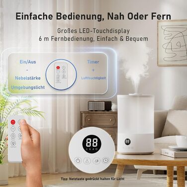 Увлажнитель воздуха для спальни, 4л, ультразвуковой, тихий, с пульт. дистанційного керування, автовимкнення, таймер, 40год, для дитячої кімнати, офісу, рослин