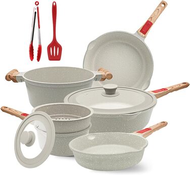 Набір посуду AIKENBBKK 10 предметів: сковороди з кришкою 20, 24, 28 см, каструля з ручкою 18 см + пароварка, каструля 4.7 л, антипригарне покриття, знімний ручка (білий)