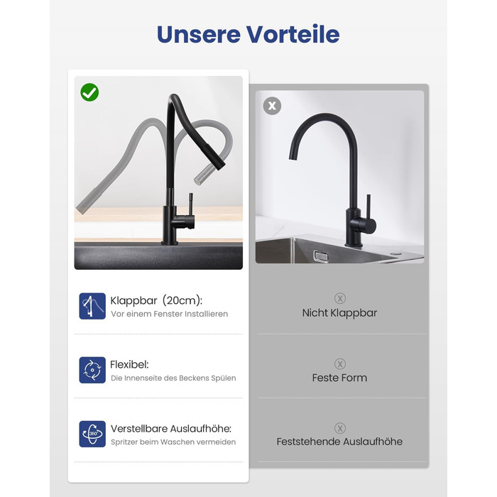 Змішувач для кухні гнучкий чорний, нержавіюча сталь, 2 режими струменя, 360° поворот, кухонний змішувач, преміум якість