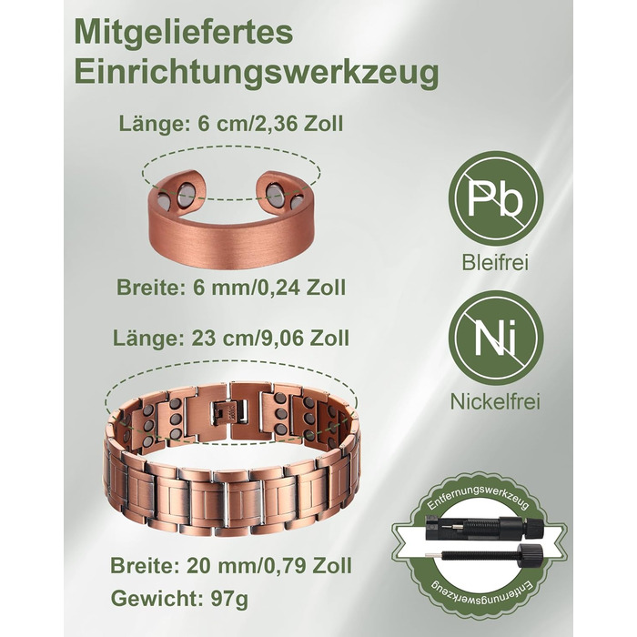 Браслет на руку чоловічий MagEnergy з міді - 3 потужні магніти, стильний дизайн, регульована довжина (набір міді)