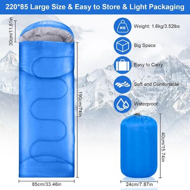 Сплячий мішок 3-4 сезони - 220 x 85 см, вологостійкий, легкий, для кемпінгу та подорожей