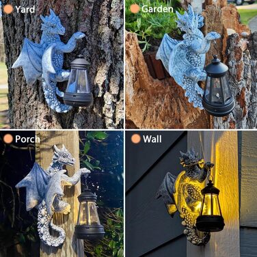 Yeomoo Dragon Figures with Solar Lamps Tree Trunk Garden Decor for Outdoors: Funny Dragon Garden Figures Decor with LED Solar String Lights Outdoor Gifts for Men/Women Garden Fence Tree Accessories Grey