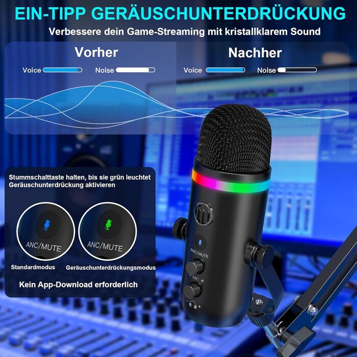 Zealsound Podcast Мікрофон з тримачем - RGB, шумозаглушення, конденсаторний мікрофон для ПК, телефону, TikTok, YouTube (сумісний з iPhone, Mac, Windows)
