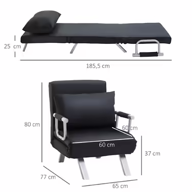 HOMCOM 2-in-1 Sleeper Sofa with Adjustable Backrest 65L x 77W x 80H cm, Removable Cover, Cushion, Stable and Rustproof, Polyester Black