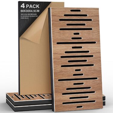 Акустичні панелі JBER для звукоізоляції стін, самоклеючі шумопоглинаючі плити з імітацією горіха (еліптичні лінії), 60×30×4.5 см, 4 шт. — для студії звукозапису та дому