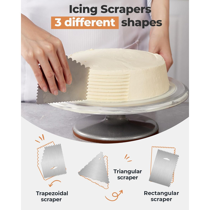 Підставка для тортів Kootek з поворотним столом, 30.5 см, згладжувач для крему 32.8 см, силіконовий шпатель, сервер для тортів, набір для декорування тортів, сріблястий