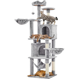 Кігтеточка Yaheetech XXL для котів, 175 см, для 3-4 котів, стабільна, з сизалевими стовпчиками, платформами, гамаком, м'ячиком, сірий колір